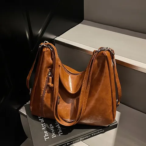 Large Capacity Retro Faux Leather Tote Bag For Women Solid Color Shoulder Bag With Tassel Detail Zipper Commuter Handbag