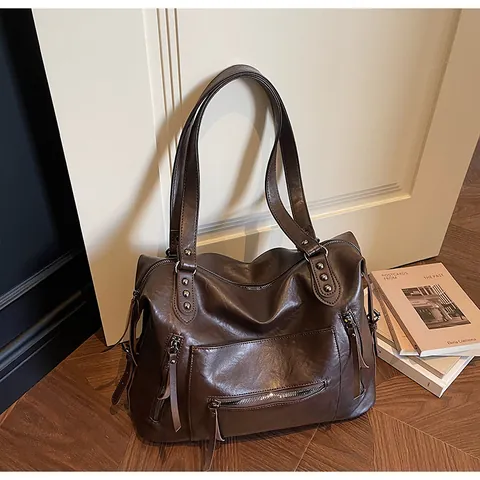 Retro Large Capacity Tote Bag For Women PU Leather Multi Zipper Pocket Shoulder Bag Versatile Commuter Underarm Handbag
