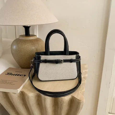 Vintage Patchwork Canvas PU Leather Crossbody Bag For Women Small Square Handbag With Adjustable Strap Retro Minimalist Bag