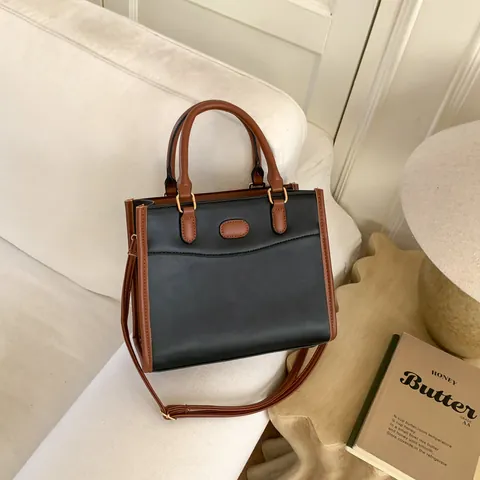 Damen Retro Minimalistisch PU Leder Schultertasche Umhängetasche Vintage Farbblock Handtasche Tragetasche Mit Verstellbarem Riemen