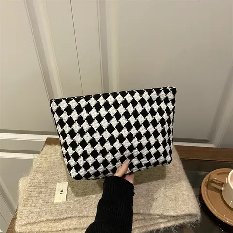 Vintage Women Argyle Woven Clutch Bag Niche Luxury Houndstooth Makeup Bag Zipper Closure Casual Handbag For Daily Banquet Party