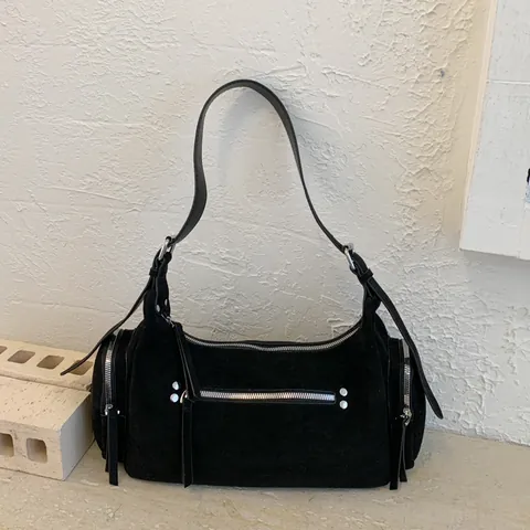 Women PU Leather Suede Texture Shoulder Bag Vintage Multi-Zipper Crossbody Satchel Korean Style Daily Commute Square Bag