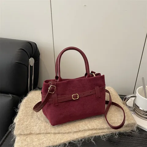 Borsa a Mano in Pelle effetto Scamosciato Vintage Donna Tracolla con Fibbia Cintura Retro Quadrata per Ufficio Quotidiano
