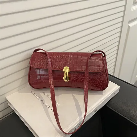Crocodile Pattern Baguette Bag For Women PU Leather Small Square Shoulder Bag With Gold Buckle Minimalist Underarm Handbag