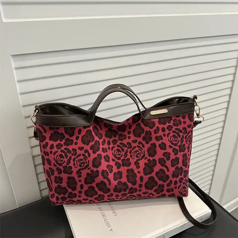 Damen Vintage Rose Leopardenmuster Tote Bag PU Leder Handtasche Große Kapazität Umhängetasche Schultertasche Blumenmuster
