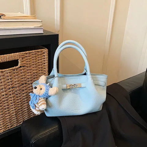 French Sweet Style PU Leather Bucket Bag For Women Pebbled Texture Top Handle Crossbody Handbag With Bear Pendant Daily