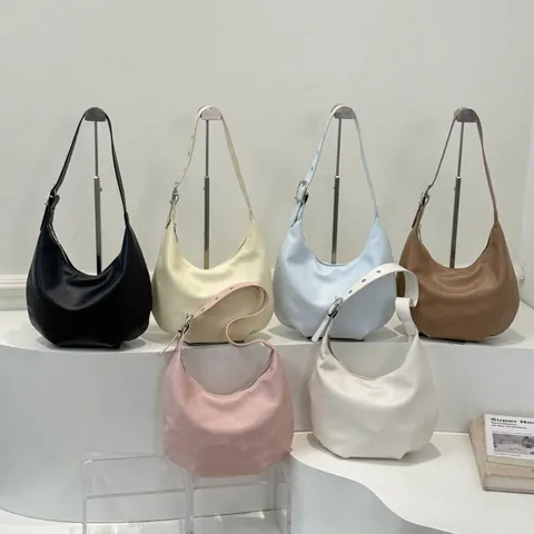 Bolso de Axila Hobo de Media Luna de Cuero PU para Mujer Estilo Coreano Bolso de Hombro Minimalista de Color Sólido Con Correa Ajustable