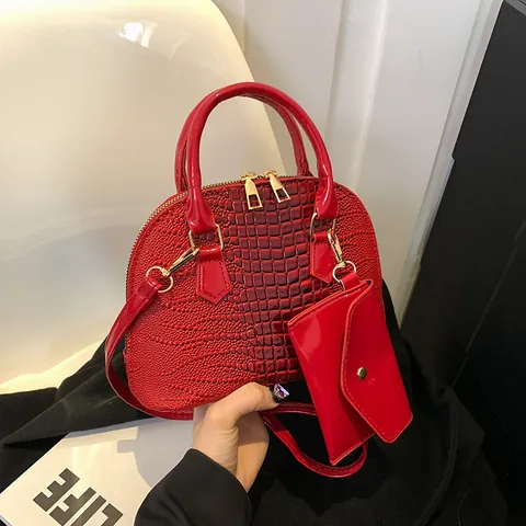 Women's Crocodile Pattern PU Leather Shell Handbag Set With Small Hanging Pouch Crossbody Shoulder Bag For Daily Fashion