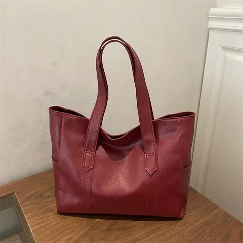 Dames PU Leer Grote Capaciteit Tote Bag Vintage Minimalistische Schoudertas Voor Woon-werkverkeer Casual Effen Kleur Shopper Tas