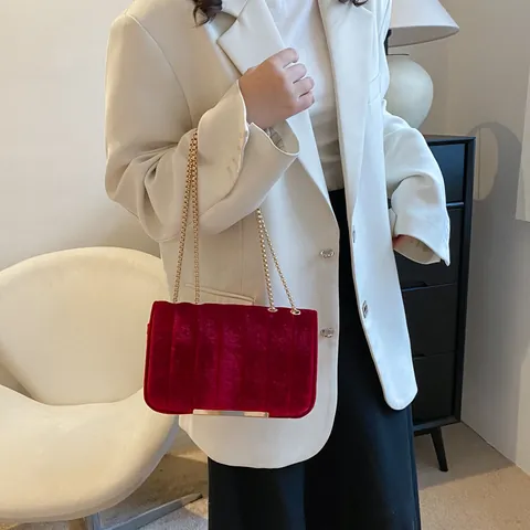 Vintage Fluweel Doorgestikt Kleine Vierkante Tas Mode Gouden Ketting Schoudertas Elegant Vrouwen Avondfeest Handtas Metalen Bies