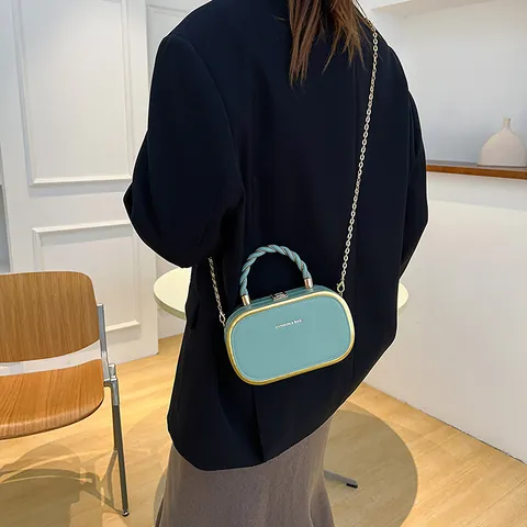 Fashion Women PU Leather Small Square Box Bag With Gold Metal Frame Braided Handle Chain Strap Handbag Shoulder Crossbody Bag