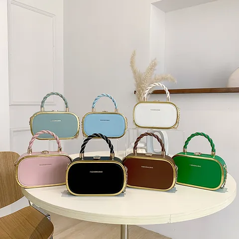 Fashion Women PU Leather Small Square Box Bag With Gold Metal Frame Braided Handle Chain Strap Handbag Shoulder Crossbody Bag