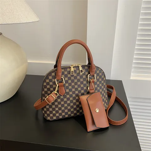 Bolso Bandolera de Concha con Monograma Geométrico Vintage para Mujer Bolso de Mano de Cuero PU Retro con Juego de Mini Monedero Elegante Bolso de Viaje Diario