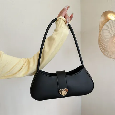 Borsa Sottobraccio in Pelle PU Vintage da Donna Con Fibbia in Metallo a Cuore Oro Semplice Tinta Unita Borsa a Tracolla Moda Handbag
