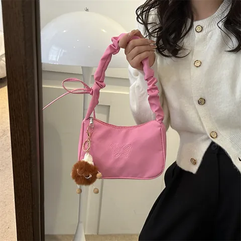 Bolso de Axila para Mujer Minimalista con Bordado de Mariposa Asa Plisada Bolso de Hombro de Nailon con Lazo y Colgante