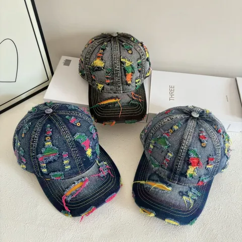 Cappellino da Baseball in Denim Distressed Vintage Per Uomo Donna Cuciture Colorate Cotone Lavato Parasole Outdoor Streetwear Regolabile