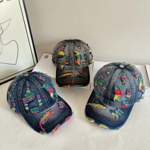 Cappellino da Baseball in Denim Distressed Vintage Per Uomo Donna Cuciture Colorate Cotone Lavato Parasole Outdoor Streetwear Regolabile