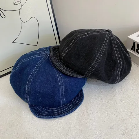 Vintage Denim Krantenjongen Pet Voor Dames Heren Retro Gewassen Achtkantige Pet Met Contraststiksel Casual Zonnehoed