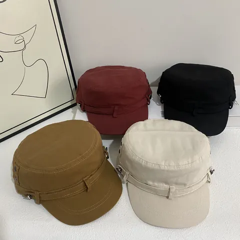 Berretto da Cadetto in Tela di Cotone Vintage per Donna Stile Coreano Cappello a Cima Piatta Con Bottone a Rivetto Berretto Militare