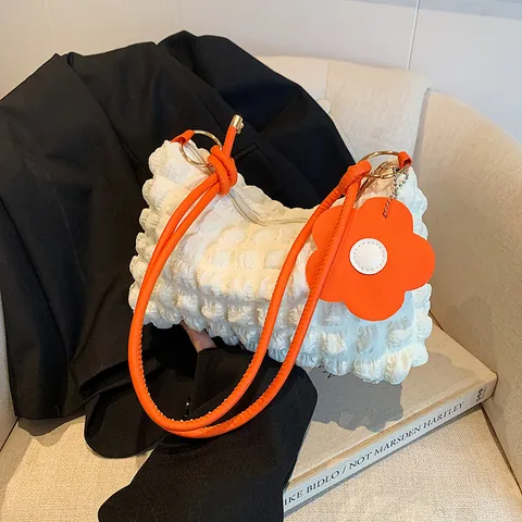 Fashion Bubble Texture Popcorn Fabric Shoulder Bag For Women Sweet Underarm Bag With Flower Pendant Casual Solid Color Handbag