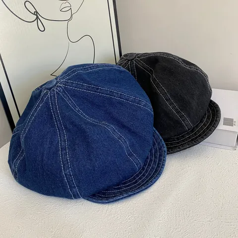 Vintage Denim Krantenjongen Pet Voor Dames Heren Retro Gewassen Achtkantige Pet Met Contraststiksel Casual Zonnehoed