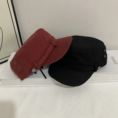 Berretto da Cadetto in Tela di Cotone Vintage per Donna Stile Coreano Cappello a Cima Piatta Con Bottone a Rivetto Berretto Militare
