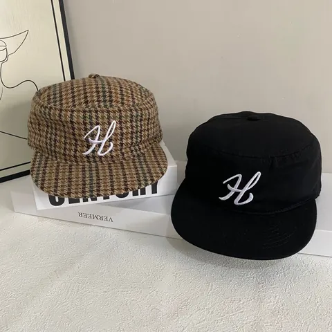 American Retro Flat Top Cadet Hat For Women Men Letter H Embroidery Tweed Houndstooth Military Style Baseball Cap Adjustable Streetwear Hat