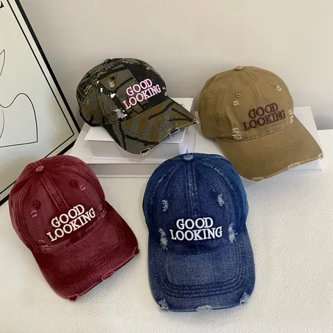 Distressed Washed Acrylic Baseball Cap Good Looking Embroidery Broken Hole Retro Streetwear Sun Protection Hat For Unisex