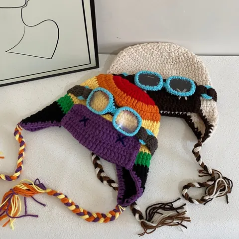 Hand Knitted Aviator Hat With Goggles And Long Tassels Warm Winter Earflap Beanie For Women Funny Crochet Pilot Hat