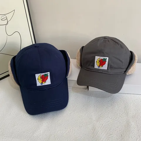 Women Winter Warm Earflap Baseball Cap Acrylic Faux Fur Lining Cartoon Strawberry Moon Embroidery Patch Windproof Outdoor Hat