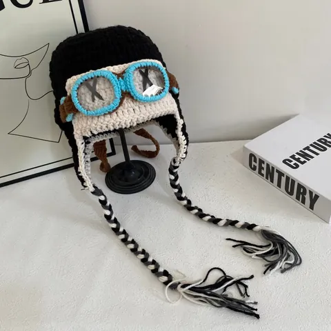 Hand Knitted Aviator Hat With Goggles And Long Tassels Warm Winter Earflap Beanie For Women Funny Crochet Pilot Hat