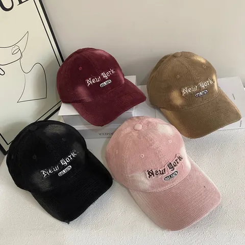 Gorra de Béisbol de Pana Vintage para Mujer Bordado Letras New York Visera Envejecida Ajustable Gorro Cálido Casual de Invierno