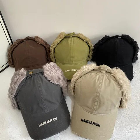 Women Winter Trapper Hat Korean INS Faux Fur Pilot Hat Ear Protection Warm Canvas Baseball Cap Letter Embroidery Ushanka