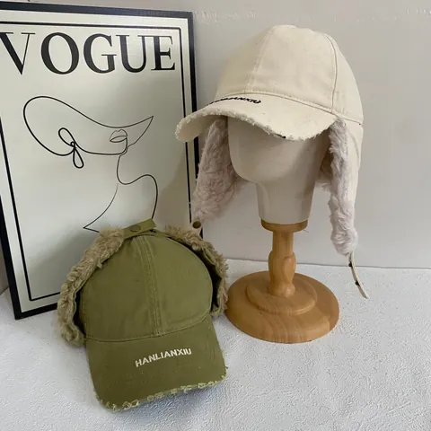 Women Winter Trapper Hat Korean INS Faux Fur Pilot Hat Ear Protection Warm Canvas Baseball Cap Letter Embroidery Ushanka