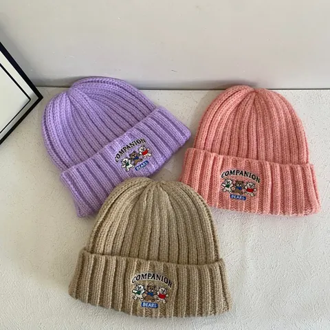 Gorro de Punto de Acrílico Con Osos Bordados Cálido Gorro de Invierno de Canalé Para Mujeres Hombres Casual