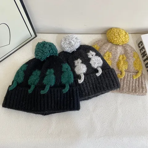 Berretto in Maglia Con Motivo Gatto e Pompon Invernale Caldo Antivento Pesante in Acrilico Per Donna e Uomo