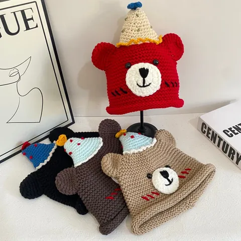Handmade Crochet Cartoon Bear Knit Hat With Birthday Hat Decor Warm Winter Acrylic Pullover Beanie For Women Men