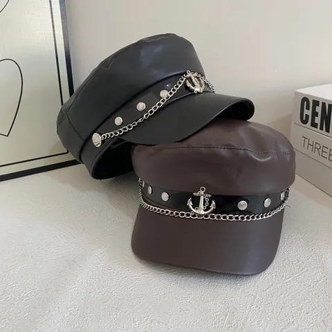 Women PU Leather Baker Boy Hat British Retro Navy Cap With Anchor Pendant Metal Chain Fashion Newsboy Hat Winter Beret