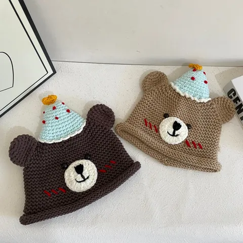 Handmade Crochet Cartoon Bear Knit Hat With Birthday Hat Decor Warm Winter Acrylic Pullover Beanie For Women Men