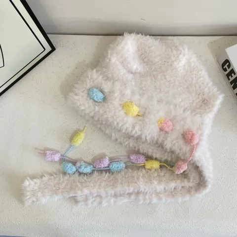 Schattige Beertjesoren Pluche Oushanka Hoed Voor Vrouwen Winter Dik Warm Winddicht Oorbescherming Gekleurde Pompons
