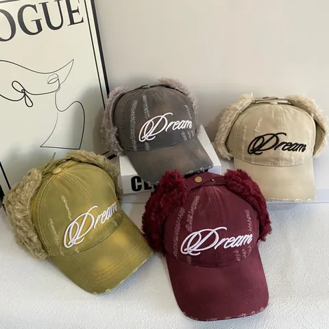 Chapeau Lei Feng Vintage Lavé pour Hommes Femmes Acrylique Fausse Fourrure Protège-oreilles Coupe-vent Chaud Casquette de Baseball Broderie Dream