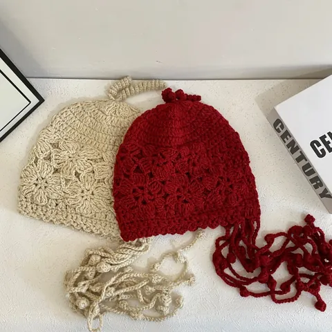 Handmade Crochet Flower Earflap Hat For Women Vintage Ethnic Knit Lei Feng Hat With Tassels Pom Poms Winter Warm Beanie
