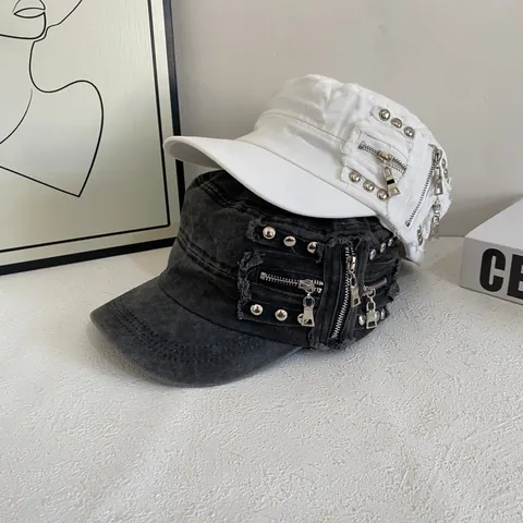 Women Washed Cotton Flat Top Cadet Hat Vintage Punk Style Metal Rivets Decorative Zipper Distressed Military Cap Summer Sun Hat
