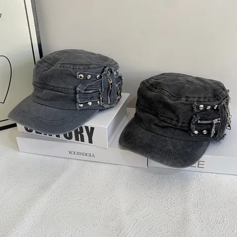 Women Washed Cotton Flat Top Cadet Hat Vintage Punk Style Metal Rivets Decorative Zipper Distressed Military Cap Summer Sun Hat