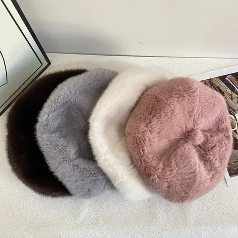 Basco in Pelliccia Sintetica Calda da Donna Morbido Peluche Cappello da Pittore Ottagonale per Autunno Inverno Elegante