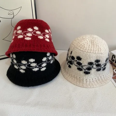 Vintage Vrouwen Jacquard Gebreide Vissershoed Herfst Winter Warm Mohair Mix Schaakbord Patroon Casual Zachte Pluche Muts