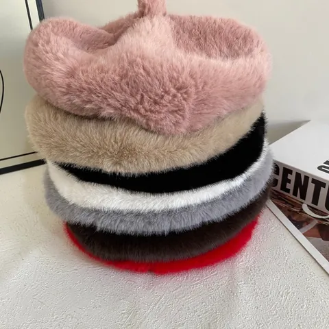 Basco in Pelliccia Sintetica Calda da Donna Morbido Peluche Cappello da Pittore Ottagonale per Autunno Inverno Elegante