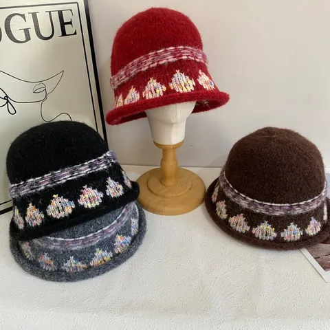 Women's Vintage Jacquard Knitted Bucket Hat Winter Warm Bohemian Pattern Mohair Blend Wool Fisherman Hat For Cold Weather Fashion Accessory