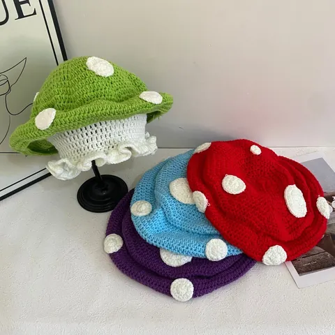 Handmade Crochet Mushroom Beret Hat Polka Dot Ruffle Edge Warm Knit Beanie For Women Girls Autumn Winter Novelty Fashion Hat