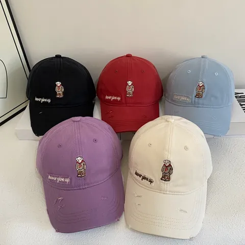 Berretto da Baseball in Acrilico Vintage Effetto Usurato per Uomo Donna Ricamo Orso Cartone Animato Lettera Never Give Up Snapback